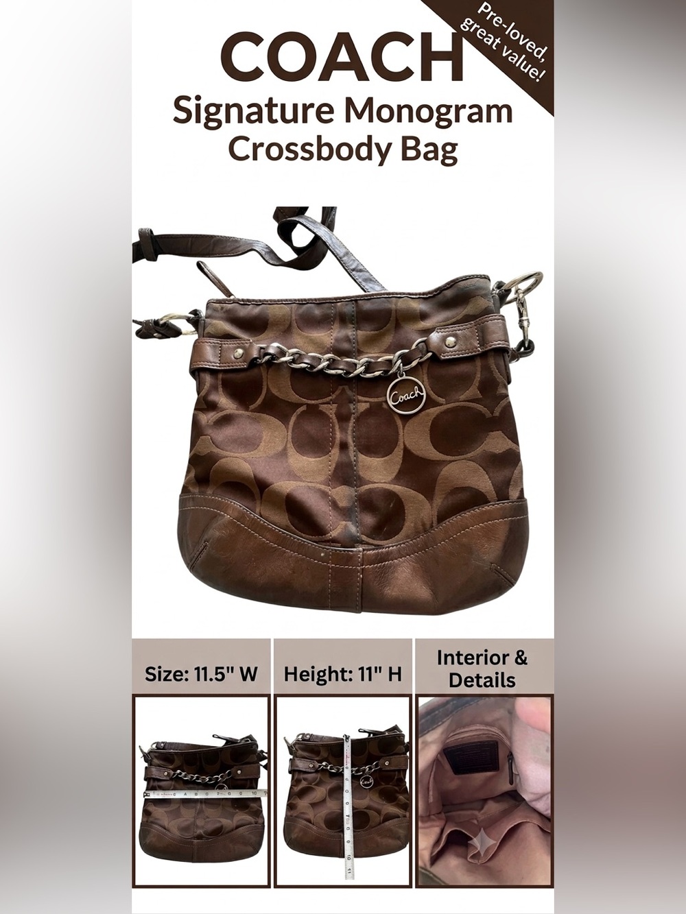 Coach F19730 Signature Optic Chain Crossbody / Shoulder Bag – Chocolate Brown